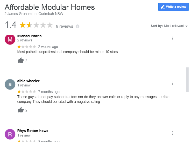 Dean Hanger's Affordable Modular Homes has terrible reviews for granny flat builders in Ourimbah